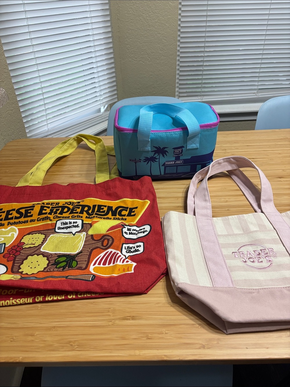 Trader Joe's Pink Striped Tote + Colorful Market Canvas & Blue Lunch Cooler Set